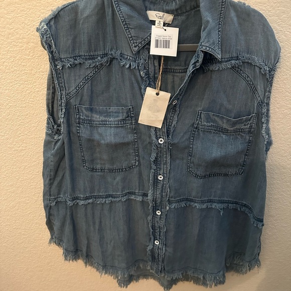 NWT Easel Dark Denim Wash Sleeveless Button Down Shirt -Sunny Days Frayed-small - Picture 7 of 7